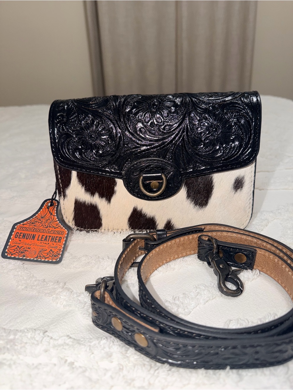 Genuine Leather Black & White Cowhide Crossbody Bag